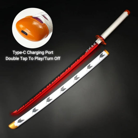 Demon Slayer Rengoku Led Katana Wooden Sword/LED Katana Toy Life Size Nichirin 104CM Bamboo Wood Rengoku Katana Toy (with Stand) Anime Cosplay Replica (Stand : Triple Layer, 104CM)