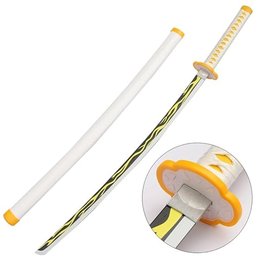 Demon Slayer Zenitsu Katana Wooden Sword Toy Life Size Nichirin 104CM Bamboo Wood (with Stand) Anime Cosplay Replica