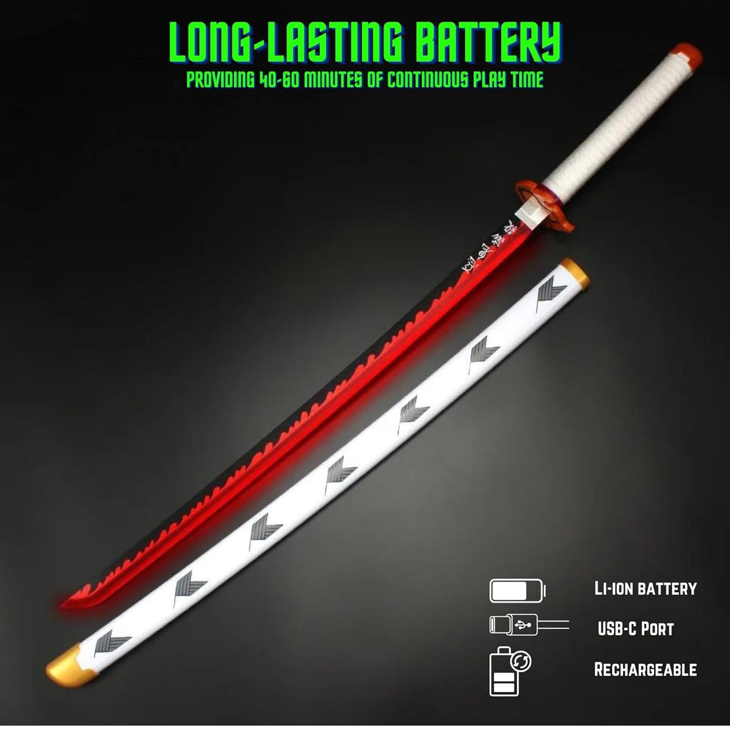 Demon Slayer Rengoku Led Katana Wooden Sword/LED Katana Toy Life Size Nichirin 104CM Bamboo Wood Rengoku Katana Toy (with Stand) Anime Cosplay Replica (Stand : Triple Layer, 104CM)